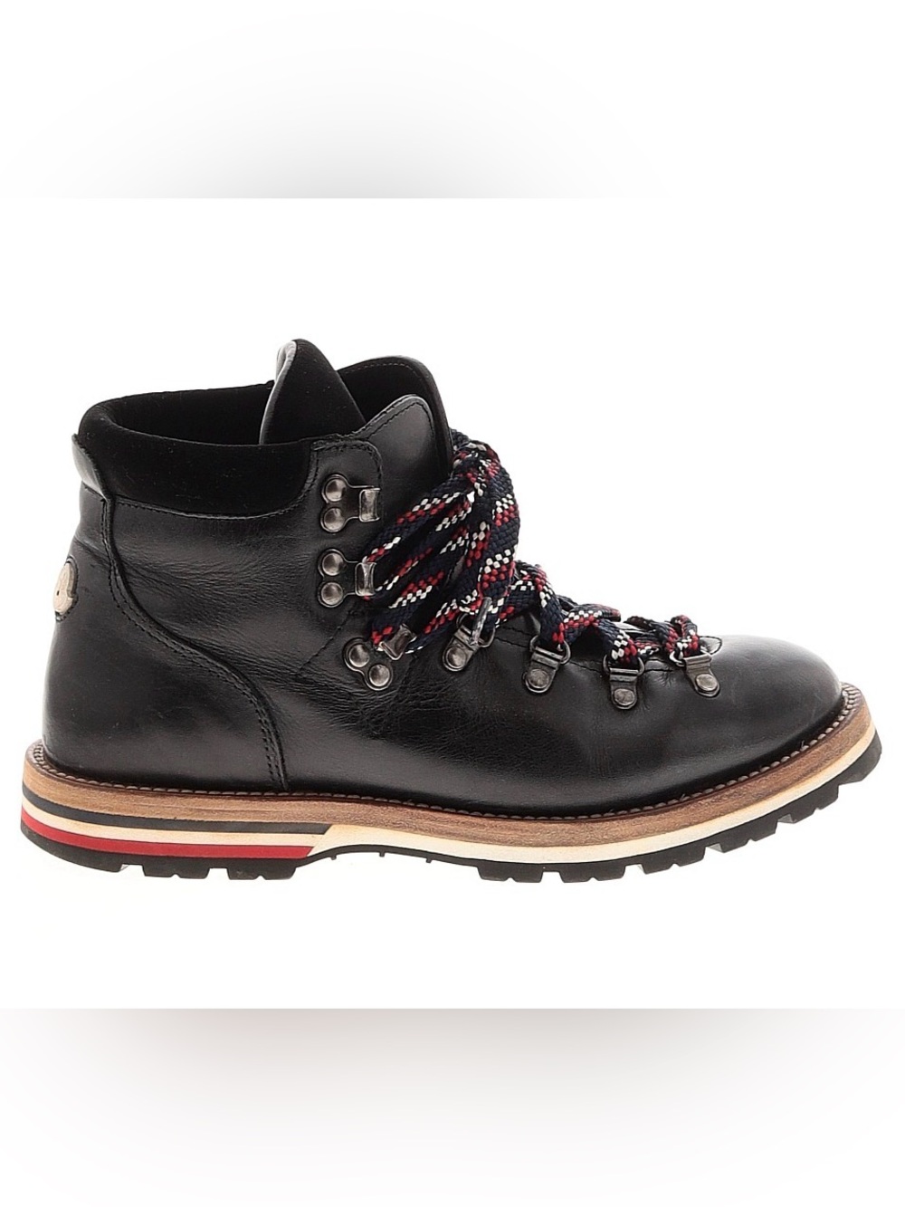 Moncler Black Leather Hiking Boot with Red White Blue Accent Laces